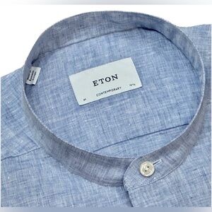 $375 NEW BABY BLUE ETON LINEN BAND COLLAR DRESS SHIRT 18 46 CONTEMPORARY FIT